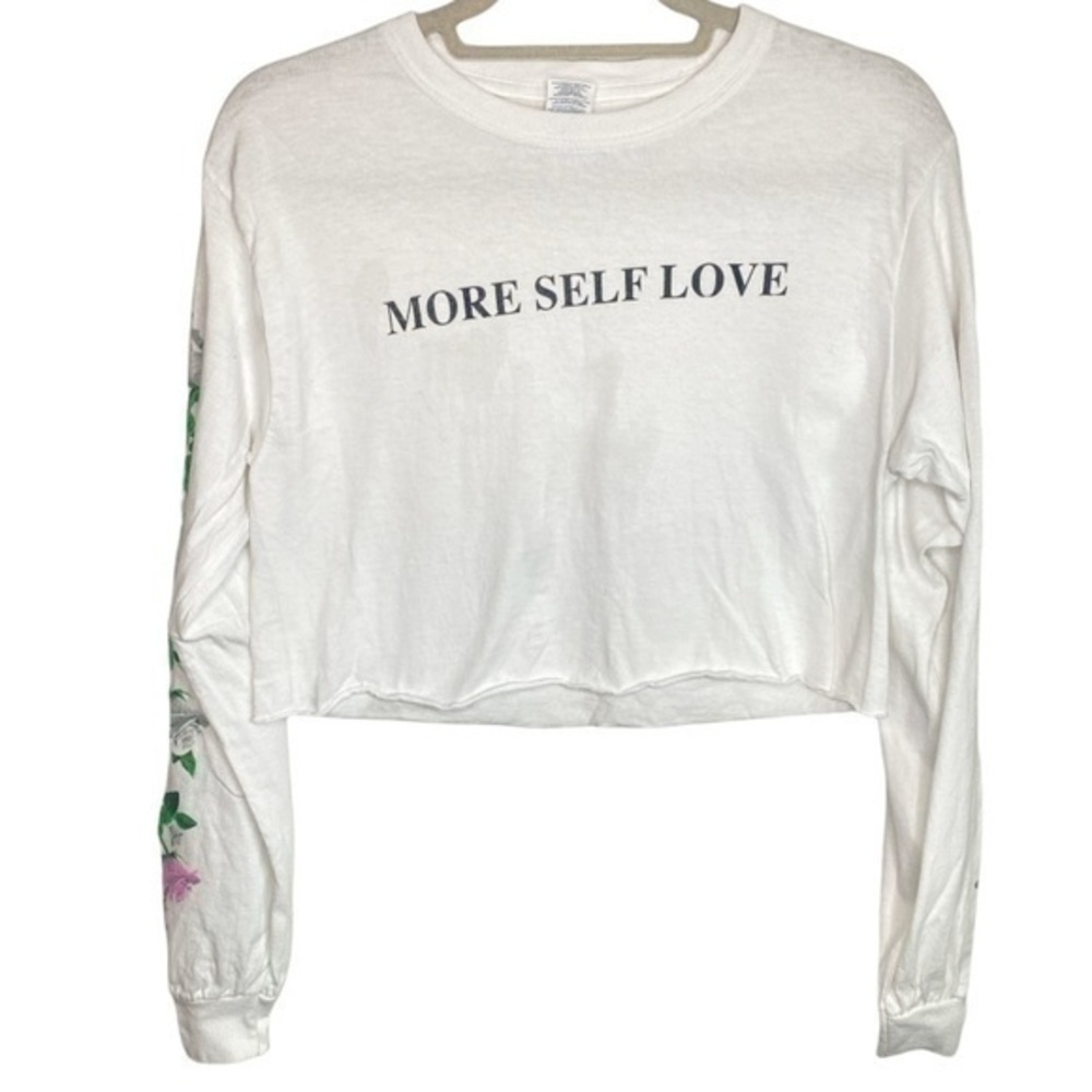 SELF Love Cropped White Long Sleeve Rose Tee Size Small